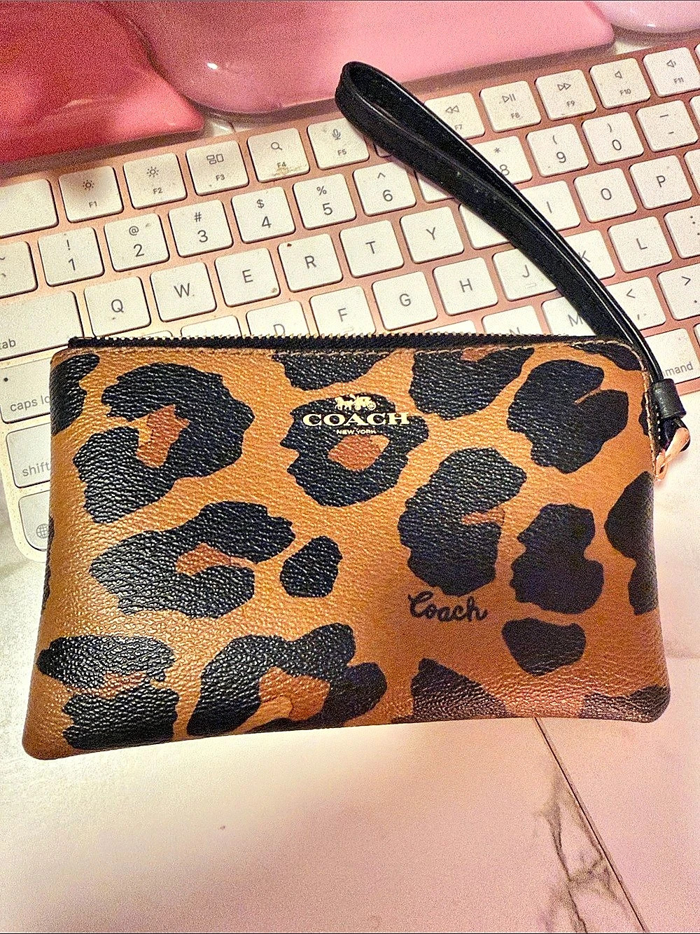 Coach Corner Zip Wristlet With Leopard Print Brown & Black